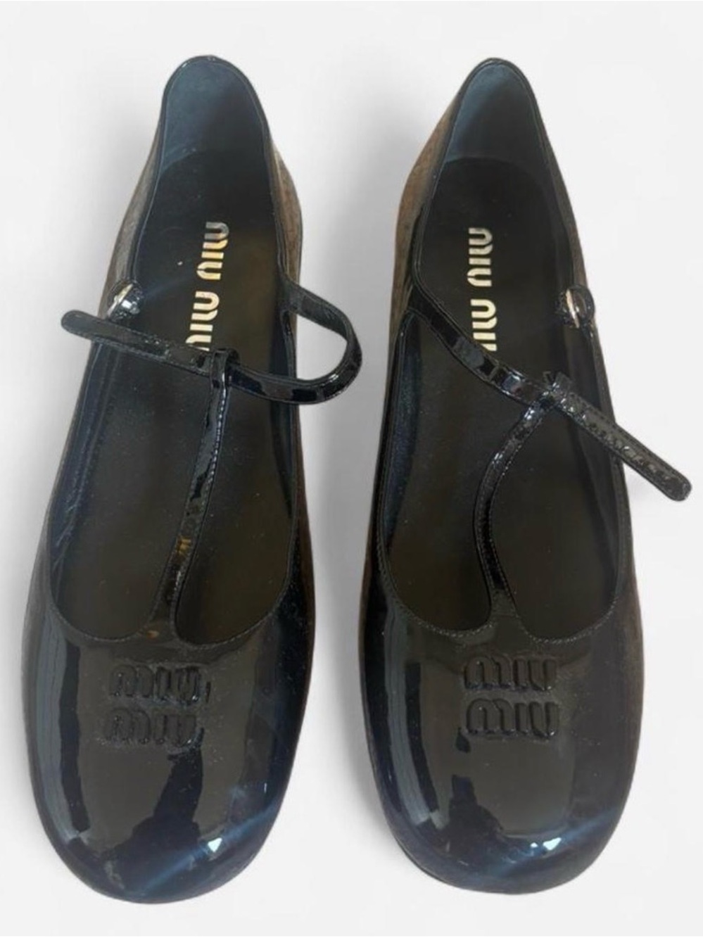 Miu Miu Black Patent Mary Jane Flats with Logo Detail (Ballerines)